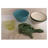 Group including green glazed McCoy turtle-form piece, Hall bowl and yellow glass top hat, along with an additional bowl as shown.