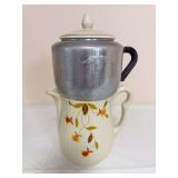 Vintage Hall’s Superior Quality Kitchenware Jewel Tea Autumn Leaf 8-cup coffee pot with cream ceramic lower pot, Autumn Leaf decoration and gold-tone trim, topped by an aluminum drip-brewer section 