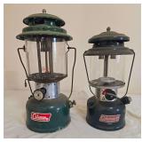 Coleman Models 220F & 288 Lanterns – Marked 2/66 & 3/97. Pair of green Coleman pressure lanterns with matching ventilators, clear globes and wire bail handles, representing two different sizes and g