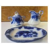 Blue China Creamer Sugar Bowl Cracker tray
