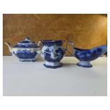 Blue China Tea Pot Sugar Bowl and Gravy train