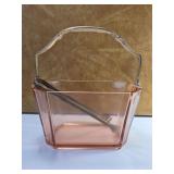 Antique Heisey Flamingo Pink Glass Ice Bucket Basket Silver Plate Handle