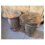 Pair of barrel style side tables on wheels