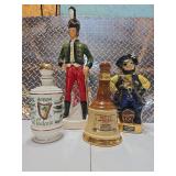 4 decanters Old Fitzgerald, Ezra Brooks, Bell's Scotch, and Irish Mist