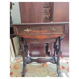1900s Antique Burled Walnut Sewing Table With Two Drawers