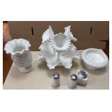 Milk glass epergne and other pieces