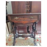 1900s Antique Burled Walnut Sewing Table With Two Drawers