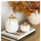 Fall Pumpkin Decor Set of 2, White and Gold