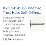100 #8 x 1-1/4' Truss Head Self Drilling Screws