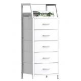 5 Drawers White Tall Fabric Dresser for Bedroom