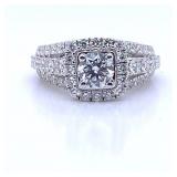 14k white gold diamond halo ring.