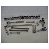 ASSORTED 1/2 IN DRIVE SOCKETS - RATCHETS AND EXT