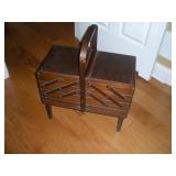 WOODEN SEWING BOX W/ SEWING NOTIONS