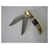 DAMASCUS STAG HANDLE FOLDING KNIFE W/