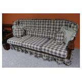 Blue Plaid, MCM Wood Trim Sofa