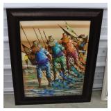 Framed Fisherman & Boats Scene