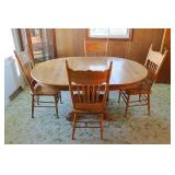 Pedestal Oak Dining Table & Pressed Wood Chairs
