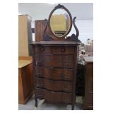 Tiger Oak Serpentine Front 5 Drawer Dresser w/ Mir