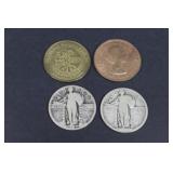 Silver Quarters, 1964 Half Penny, & Sac Fox