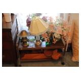 TV Cart, Lamps, & Floral Arrangements
