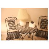 Metal Table, 2 Chairs & Contents