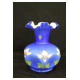 8 1/4" Signed Fenton Blue Overlay Hand Painted