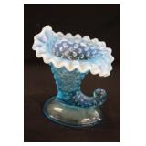 Fenton Blue Opalescent Hobnail Cornucopia