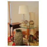 Glass top table, Lamps, & Vase