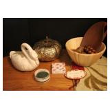 Wooden Bowl, Pumpkin, & Swan