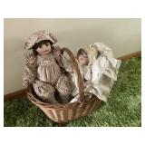 Procelain Dolls & Wicker Basket
