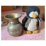 Plush Penguin & Brass Spittoon