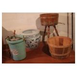 Planters, Hand Crank Ice Cream Maker, & Fruit Bask