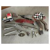 Box of Misc. Car Parts & Emblems