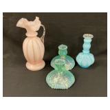 Fenton Candle Holders, Pitcher & Perfume Bottle