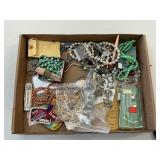 Box Lot of Costume Jewlery, Bowling Patches, & Tri
