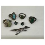 Vintage Native American Rings, Roadrunner Pin, & E