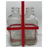 2-Unmarked Milk Bottles with Red Plastic Carrier