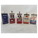 5 Oil Cans-Cardinal Lighter Fluid, Mobil handy oil