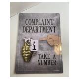 Complaint Department Hand Grenade Metal Sign *New