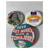 3 CHRISTMAS BADGES: SANTA, TOM & JERRY DRINK,
