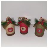 BURLAP BIRD HOUSE ORNAMENTS, SET OF 3