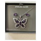 Silver Amethyst Butterfly Necklace & Earrings