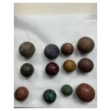 12 - CLAY VINTAGE MARBLES, 1/2", 5/8", 7/8"
