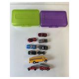 Lot of 10 toy cars & 2 storage boxes