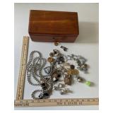 WOODEN JEWELRY BOX WITH COSTUME JEWELRY