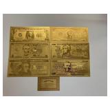$1,$2,$5 $10,$20,$50 - 24 KT GOLD PL CURRENCY X 6