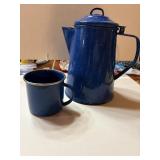 BLUE ENAMELWARE - COFFEE PERCULATOR AND 1 CUP