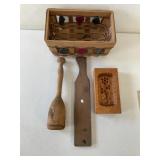 WOODEN STOMPER, PADDLE, MOLD, & BASKET