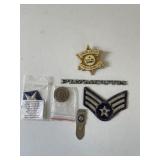 PATCHES, MONEY CLIP, VFW TOKEN, DEPUTY BADGE