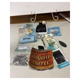BOX OF SEWING ITEMS: PINS, NEEDLES, VINTAGE AD,